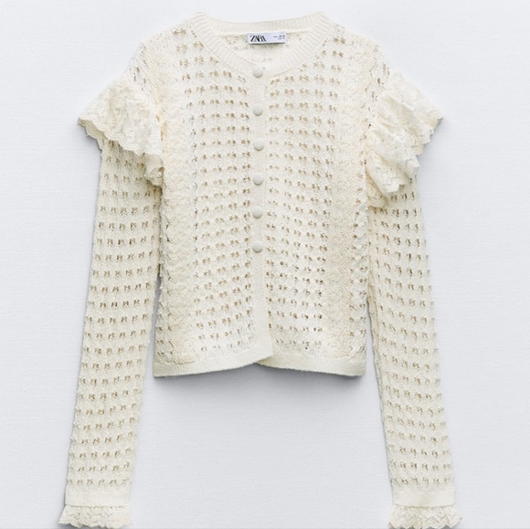 BNWT! Zara ruffled pointelle knit cardigan - Picture 7 of 9